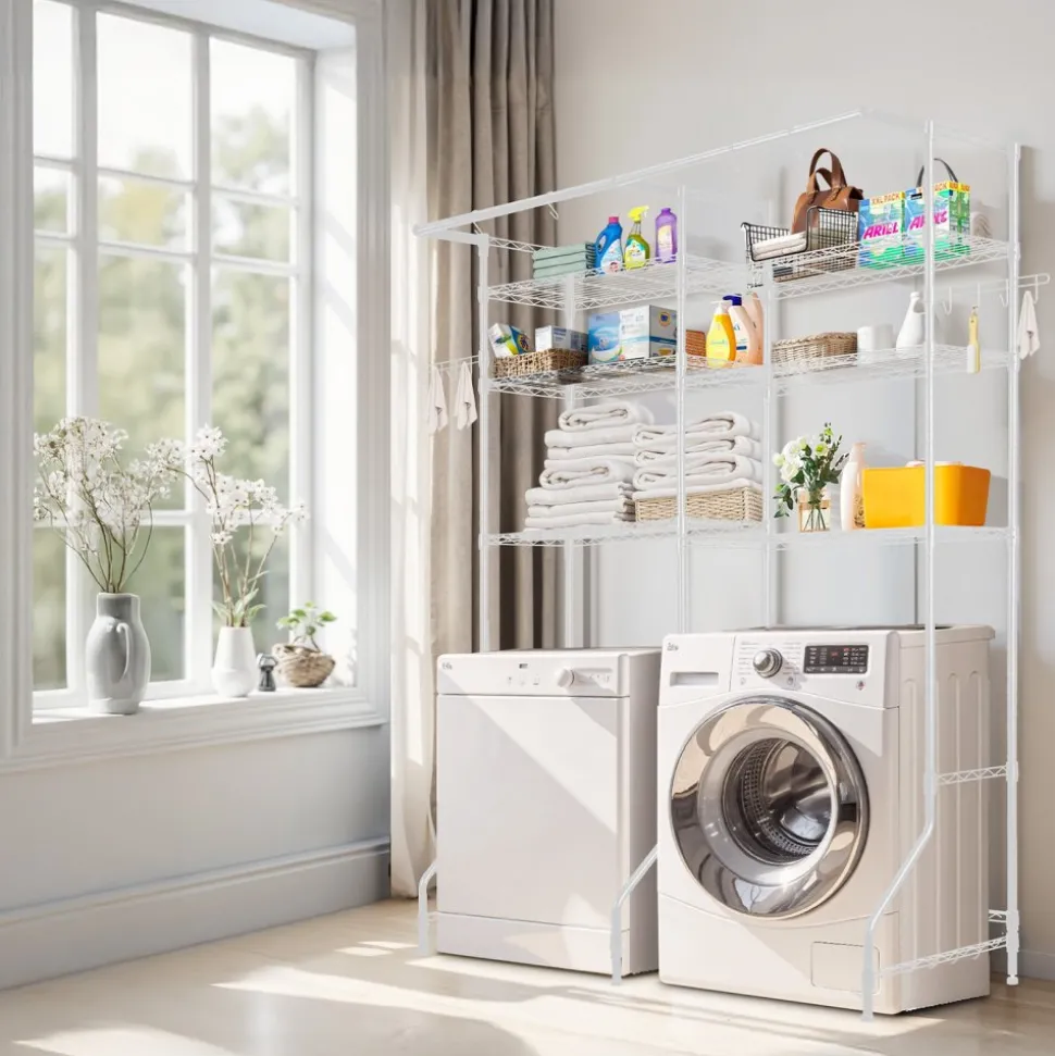 VEVOR Over Washer and Dryer Storage Shelves, 6 Tiers Laundry Room Drying Rack with Hanger Rod and Hooks, Two Rows Adjustable Washer Shelves Space Saver, for Laundry Room Storage & Organization, White
