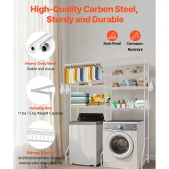 VEVOR Over Washer and Dryer Storage Shelves, 6 Tiers Laundry Room Drying Rack with Hanger Rod and Hooks, Two Rows Adjustable Washer Shelves Space Saver, for Laundry Room Storage & Organization, White