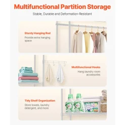 VEVOR Over Washer and Dryer Storage Shelves, 6 Tiers Laundry Room Drying Rack with Hanger Rod and Hooks, Two Rows Adjustable Washer Shelves Space Saver, for Laundry Room Storage & Organization, White