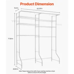 VEVOR Over Washer and Dryer Storage Shelves, 6 Tiers Laundry Room Drying Rack with Hanger Rod and Hooks, Two Rows Adjustable Washer Shelves Space Saver, for Laundry Room Storage & Organization, White