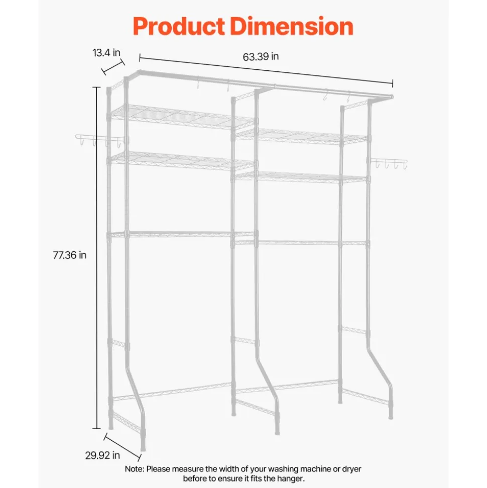 VEVOR Over Washer and Dryer Storage Shelves, 6 Tiers Laundry Room Drying Rack with Hanger Rod and Hooks, Two Rows Adjustable Washer Shelves Space Saver, for Laundry Room Storage & Organization, White