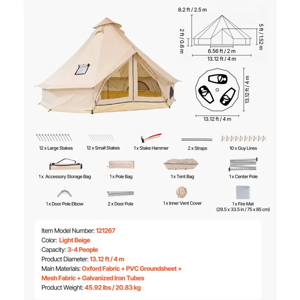 VEVOR Oxford Bell Tent, 4 Seasons 13.12 ft Yurt Tent for Camping with Stove Jack, Waterproof Breathable Holds up to 4 People with Zipped Detachable Floor, Family Camping Glamping Outdoor Hunting Party