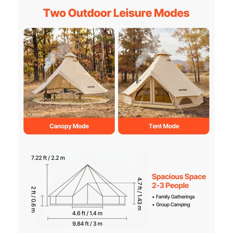VEVOR Oxford Bell Tent, 4 Seasons 9.84 ft Yurt Tent for Camping with Stove Jack, Waterproof Breathable Holds up to 3 People with Zipped Detachable Floor, Family Camping Glamping Outdoor Hunting Party