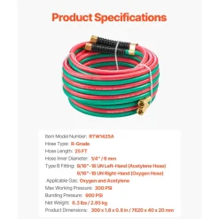VEVOR Oxygen Acetylene Hose, 1/4-Inch x 25FT Oxy Acetylene Hose with 9/16