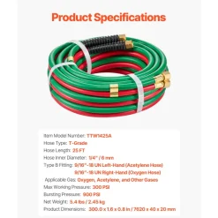 VEVOR Oxygen Acetylene Hose, 1/4-Inch x 25FT Oxy Acetylene Hose with 9/16