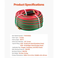 VEVOR Oxygen Acetylene Hose, 1/4-Inch x 100FT Oxy Acetylene Hose with 9/16