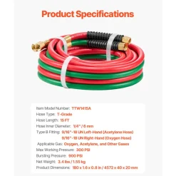 VEVOR Oxygen Acetylene Hose, 1/4-Inch x 15FT Oxy Acetylene Hose with 9/16