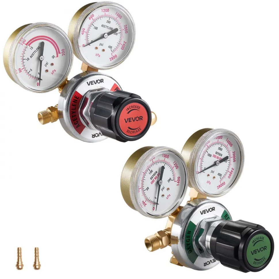 VEVOR Oxygen Acetylene Regulator Set, Oxy-Acetylene Regulators, 0-4000PSI and 0-400PSI Welding Gas Gauges with CGA-540/CGA-200 Inlet Connection & 3/8"-24 Outlet Connection, T-Handle Adjustment