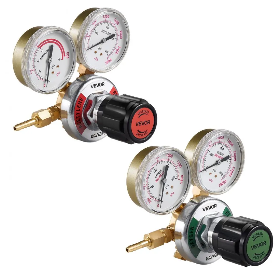 VEVOR Oxygen Acetylene Regulator Set, Oxy-Acetylene Regulators, 0-4000PSI and 0-400PSI Welding Gas Gauges with CGA-540/CGA-200 Inlet Connection & 3/8"-24 Outlet Connection, T-Handle Adjustment