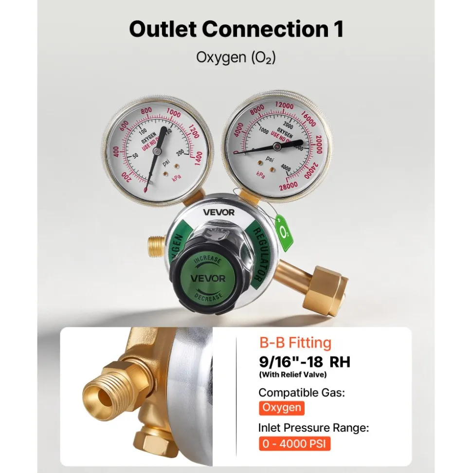 VEVOR Oxygen Acetylene Regulator Set, Oxy-Acetylene Regulators, 0-4000PSI and 0-400PSI Welding Gas Gauges with CGA-540/CGA-200 Inlet Connection & 3/8"-24 Outlet Connection, T-Handle Adjustment