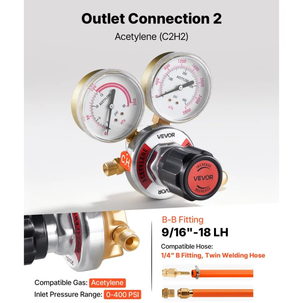 VEVOR Oxygen Acetylene Regulator Set, Oxy-Acetylene Regulators, 0-4000PSI and 0-400PSI Welding Gas Gauges with CGA-540/CGA-200 Inlet Connection & 3/8"-24 Outlet Connection, T-Handle Adjustment
