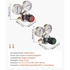 VEVOR Oxygen Acetylene Regulator Set, Oxy-Acetylene Regulators, 0-4000PSI and 0-400PSI Welding Gas Gauges with CGA-540/CGA-200 Inlet Connection & 3/8