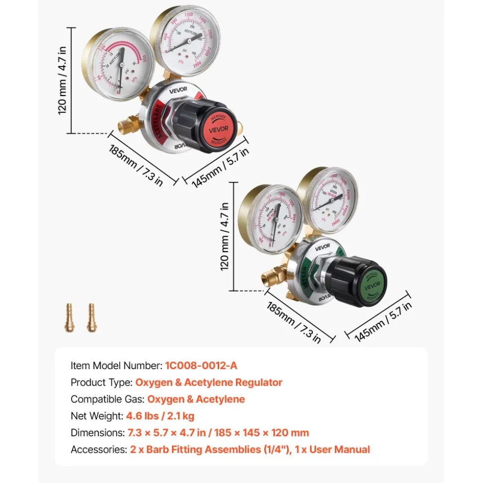 VEVOR Oxygen Acetylene Regulator Set, Oxy-Acetylene Regulators, 0-4000PSI and 0-400PSI Welding Gas Gauges with CGA-540/CGA-200 Inlet Connection & 3/8"-24 Outlet Connection, T-Handle Adjustment
