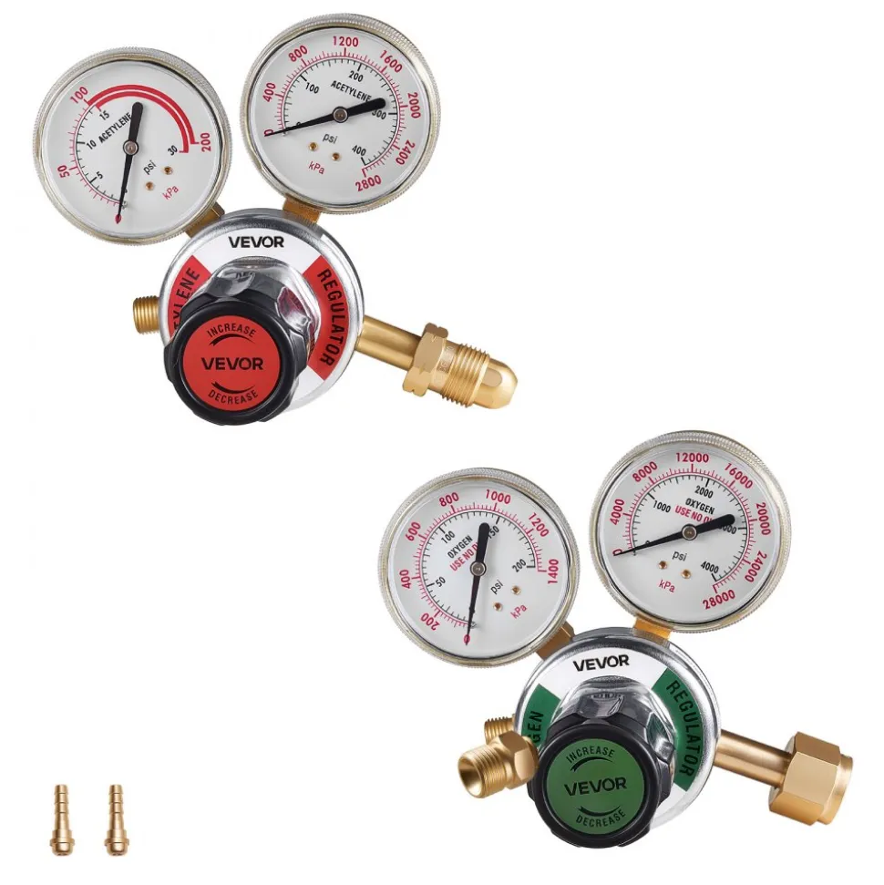 VEVOR Oxygen Acetylene Regulator Set, Oxy-Acetylene Regulators, 0-4000PSI and 0-400PSI Welding Gas Gauges with CGA-540/CGA-200 Inlet Connection & 3/8"-24 Outlet Connection, T-Handle Adjustment