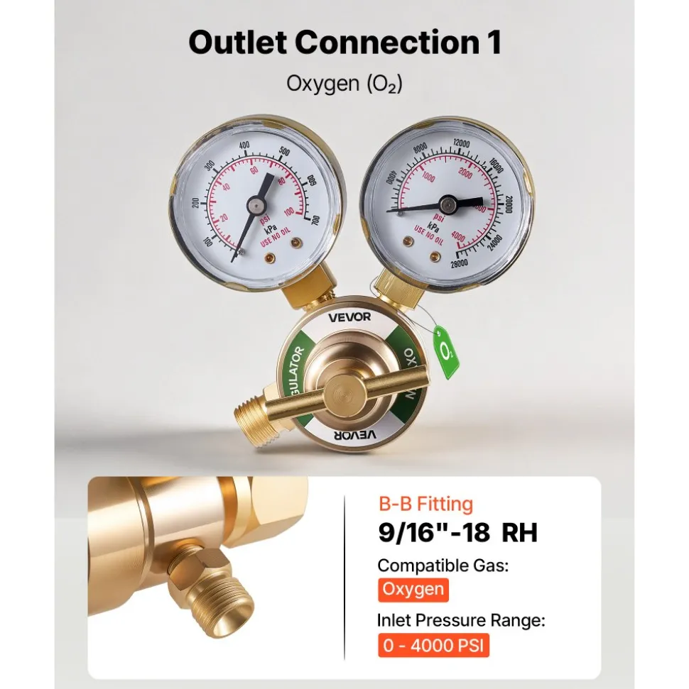 VEVOR Oxygen Acetylene Regulator Set, Oxy-Acetylene Regulators, 0-4000PSI and 0-400PSI Welding Gas Gauges with CGA-540/CGA-200 Inlet Connection & 9/16"-18 Outlet Connection, T-Handle Adjustment