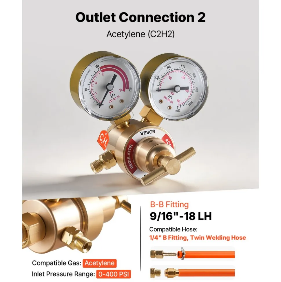 VEVOR Oxygen Acetylene Regulator Set, Oxy-Acetylene Regulators, 0-4000PSI and 0-400PSI Welding Gas Gauges with CGA-540/CGA-200 Inlet Connection & 9/16"-18 Outlet Connection, T-Handle Adjustment