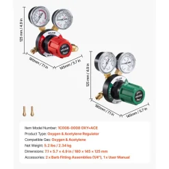 VEVOR Oxygen Acetylene Regulator Set, Oxy-Acetylene Regulators, 0-4000PSI and 0-500PSI Welding Gas Gauges with CGA-540/CGA-510 Inlet Connection & 9/16