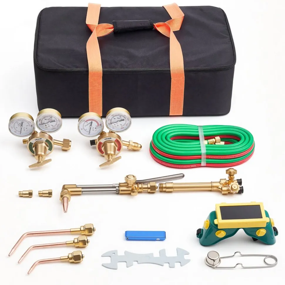 VEVOR Oxygen Acetylene Torch Kit with Check Valves, Gas Welding Cutting Torch Kit, Portable Oxy Acetylene Brazing Set with 15FT Twin-Hose, 1 Cutting Tip, 3 Welding Tips, 2 Gas Regulators & Toolbox