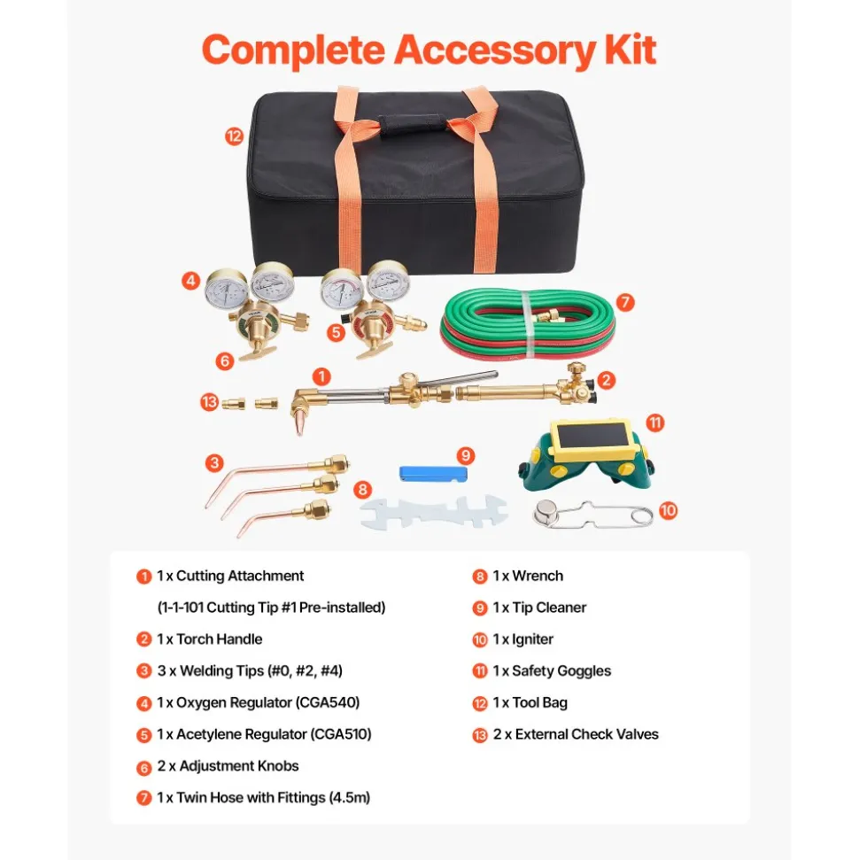 VEVOR Oxygen Acetylene Torch Kit with Check Valves, Gas Welding Cutting Torch Kit, Portable Oxy Acetylene Brazing Set with 15FT Twin-Hose, 1 Cutting Tip, 3 Welding Tips, 2 Gas Regulators & Toolbox
