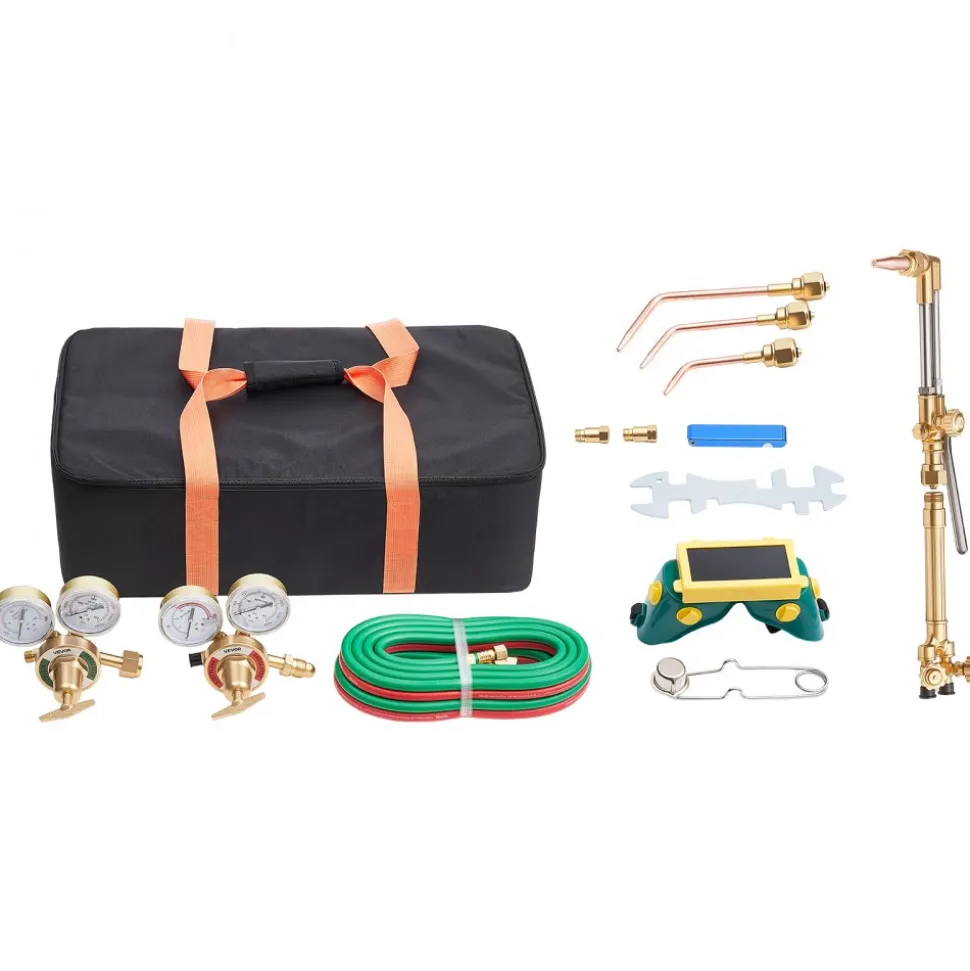 VEVOR Oxygen Acetylene Torch Kit with Check Valves, Gas Welding Cutting Torch Kit, Portable Oxy Acetylene Brazing Set with 15FT Twin-Hose, 1 Cutting Tip, 3 Welding Tips, 2 Gas Regulators & Toolbox