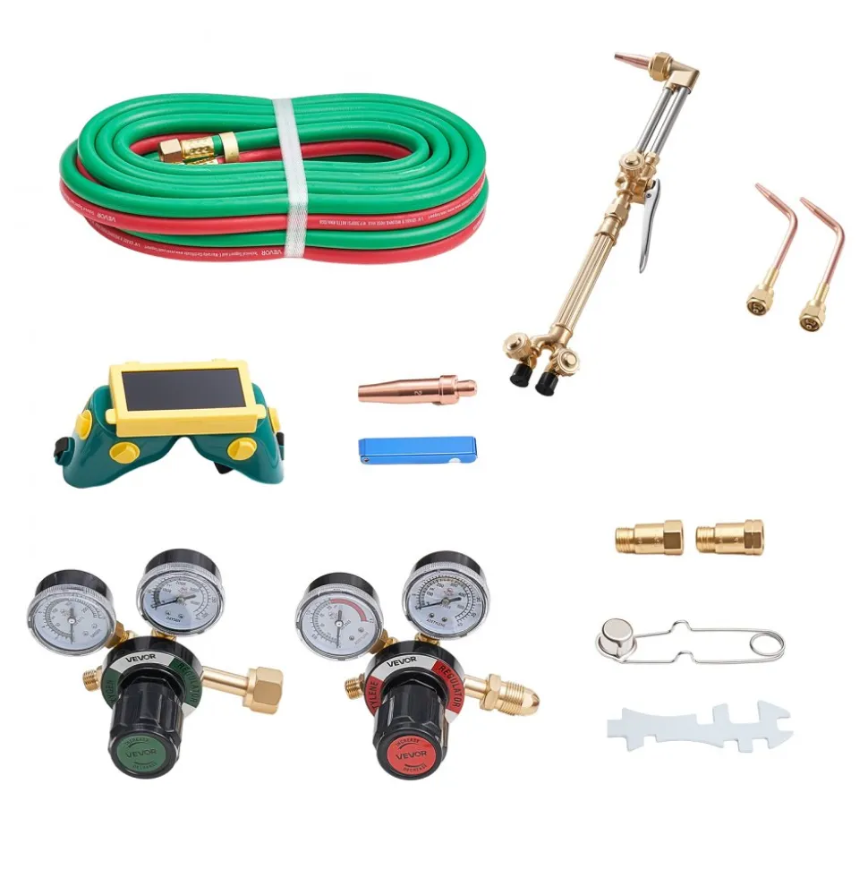 VEVOR Oxygen Acetylene Torch Kit with Check Valves, Gas Welding Cutting Torch Kit, Professional Oxy Acetylene Brazing Set with 15FT Twin-Hose, 2 Cutting Tips, 2 Welding Tips & 2 Precise Regulators