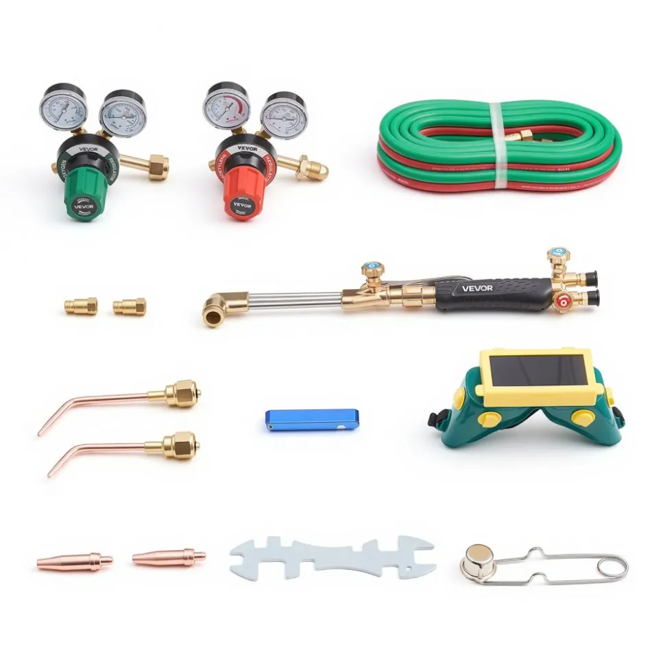VEVOR Oxygen Acetylene Torch Kit with Check Valves, Gas Welding Cutting Torch Kit, Heavy Duty Professional Oxy Acetylene Brazing Set with 15FT Twin-Hose, 2 Cutting Tips, Welding Tips & Gas Regulators