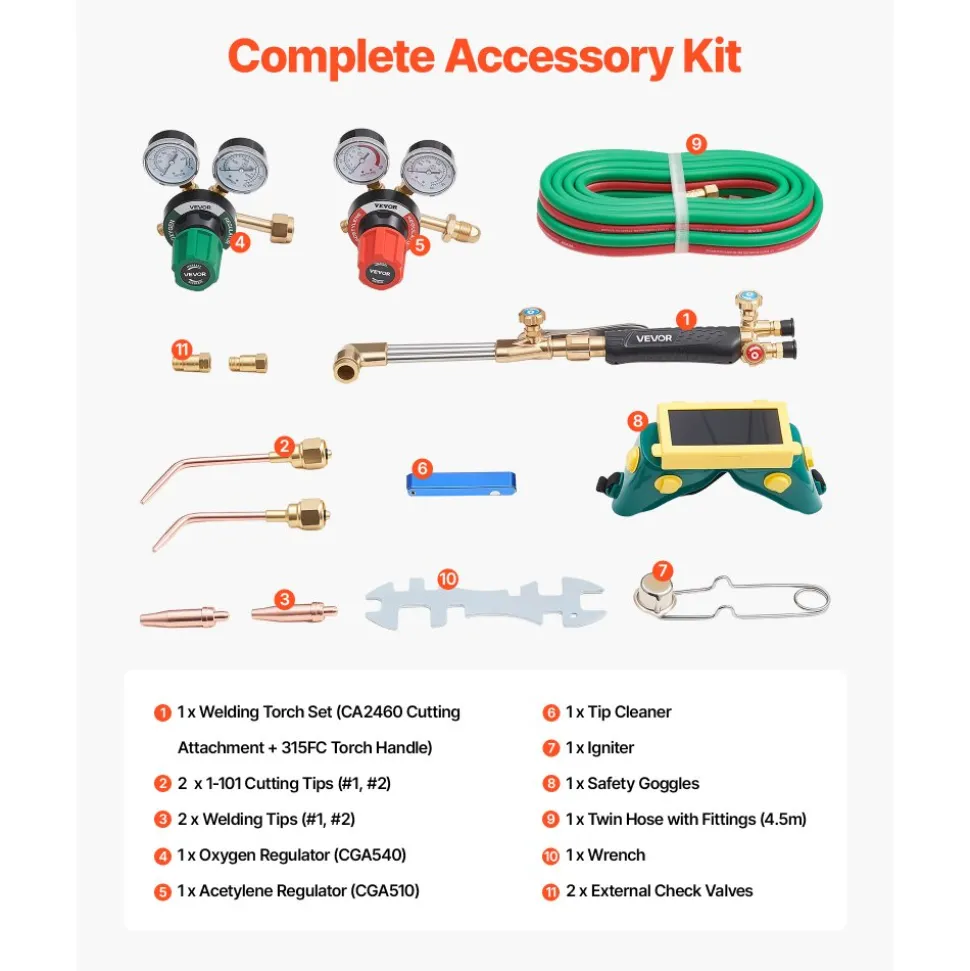 VEVOR Oxygen Acetylene Torch Kit with Check Valves, Gas Welding Cutting Torch Kit, Heavy Duty Professional Oxy Acetylene Brazing Set with 15FT Twin-Hose, 2 Cutting Tips, Welding Tips & Gas Regulators