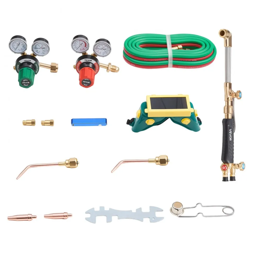 VEVOR Oxygen Acetylene Torch Kit with Check Valves, Gas Welding Cutting Torch Kit, Heavy Duty Professional Oxy Acetylene Brazing Set with 15FT Twin-Hose, 2 Cutting Tips, Welding Tips & Gas Regulators