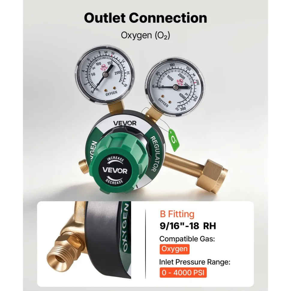 VEVOR Oxygen Regulator, Precise Oxy Regulator, 0-4000PSI Welding Gas Gauge with CGA-540 Inlet Connection & 9/16"-18 RH Outlet Connection, PC Knob Adjustment