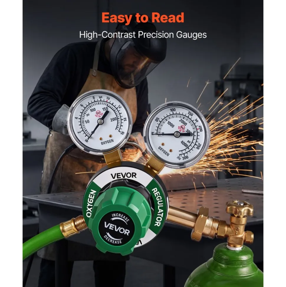 VEVOR Oxygen Regulator, Precise Oxy Regulator, 0-4000PSI Welding Gas Gauge with CGA-540 Inlet Connection & 9/16"-18 RH Outlet Connection, PC Knob Adjustment