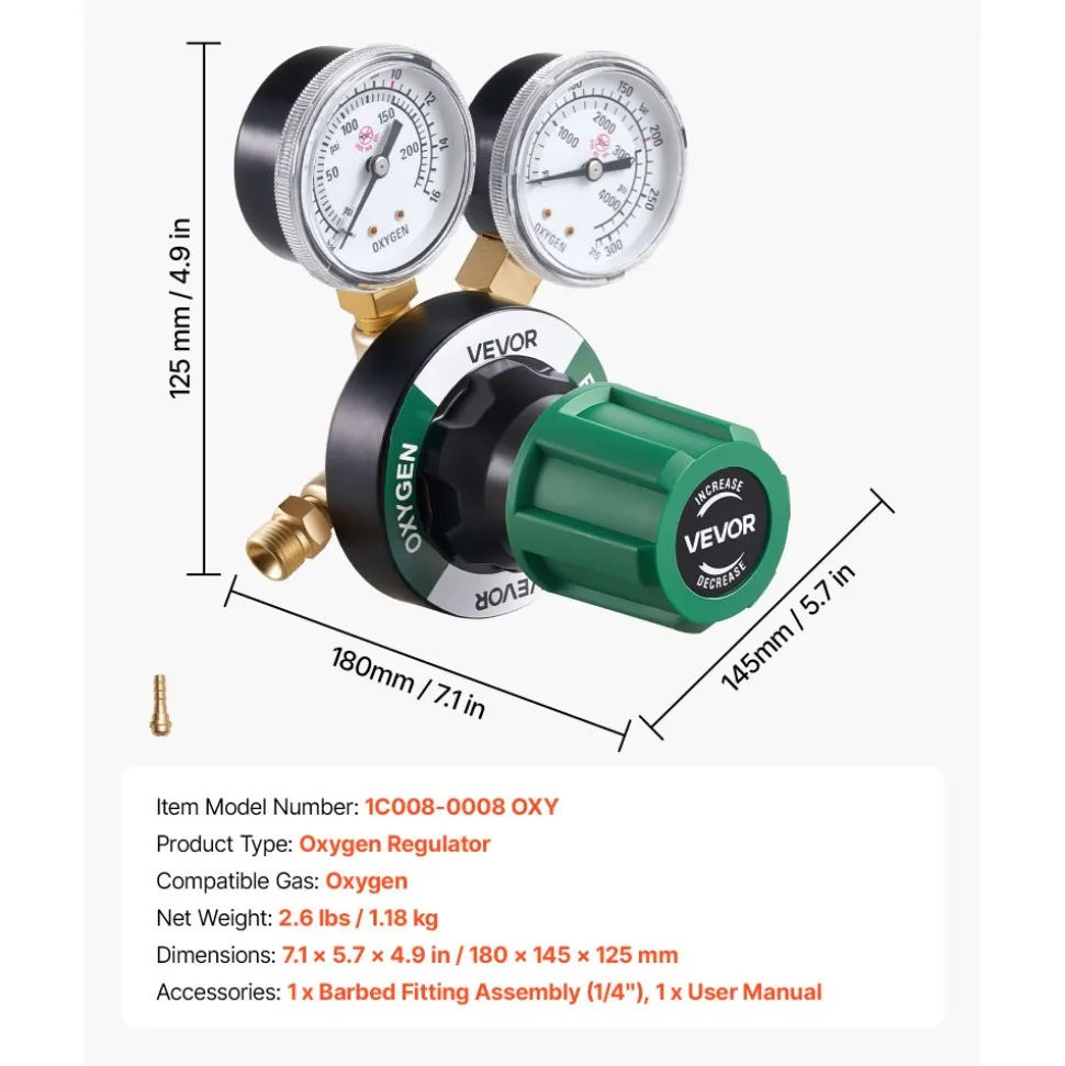 VEVOR Oxygen Regulator, Precise Oxy Regulator, 0-4000PSI Welding Gas Gauge with CGA-540 Inlet Connection & 9/16"-18 RH Outlet Connection, PC Knob Adjustment