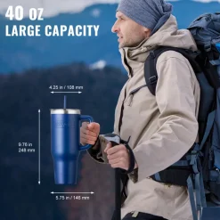 VEVOR 40 oz Insulated Water Bottle, Stainless Steel Sports Coffee Cup with Lid, Handheld Travel Coffee Mug Double Walled, Camping Hydration Flask Leakproof, for Indoor/Outdoor School, Work, Blue