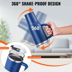 VEVOR 40 oz Insulated Water Bottle, Stainless Steel Sports Coffee Cup with Lid, Handheld Travel Coffee Mug Double Walled, Camping Hydration Flask Leakproof, for Indoor/Outdoor School, Work, Blue