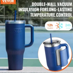 VEVOR 40 oz Insulated Water Bottle, Stainless Steel Sports Coffee Cup with Lid, Handheld Travel Coffee Mug Double Walled, Camping Hydration Flask Leakproof, for Indoor/Outdoor School, Work, Blue