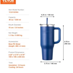 VEVOR 40 oz Insulated Water Bottle, Stainless Steel Sports Coffee Cup with Lid, Handheld Travel Coffee Mug Double Walled, Camping Hydration Flask Leakproof, for Indoor/Outdoor School, Work, Blue
