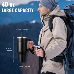 VEVOR 40 oz Insulated Water Bottle, Stainless Steel Sports Coffee Cup with Lid, Handheld Travel Coffee Mug Double Walled, Camping Hydration Flask Leakproof, for Indoor/Outdoor School, Work, Black