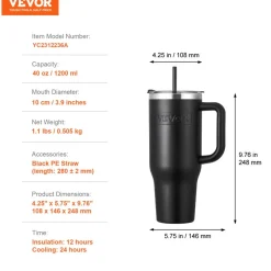 VEVOR 40 oz Insulated Water Bottle, Stainless Steel Sports Coffee Cup with Lid, Handheld Travel Coffee Mug Double Walled, Camping Hydration Flask Leakproof, for Indoor/Outdoor School, Work, Black
