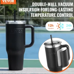 VEVOR 40 oz Insulated Water Bottle, Stainless Steel Sports Coffee Cup with Lid, Handheld Travel Coffee Mug Double Walled, Camping Hydration Flask Leakproof, for Indoor/Outdoor School, Work, Black