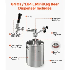 VEVOR 64oz Mini Keg, Pressurized Growler Tap System, 304 Stainless Steel Beer Kit, with Co2 Regulator, Self-Closing Faucet, Keeps Fresh and Carbonation for Homebrew, Craft and Draft Beer