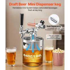 VEVOR 64oz Mini Keg, Pressurized Growler Tap System, 304 Stainless Steel Beer Kit, with Co2 Regulator, Self-Closing Faucet, Keeps Fresh and Carbonation for Homebrew, Craft and Draft Beer