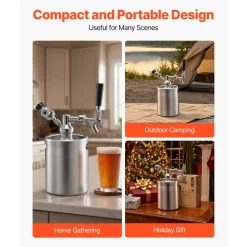 VEVOR 64oz Mini Keg, Pressurized Growler Tap System, 304 Stainless Steel Beer Kit, with Co2 Regulator, Self-Closing Faucet, Keeps Fresh and Carbonation for Homebrew, Craft and Draft Beer