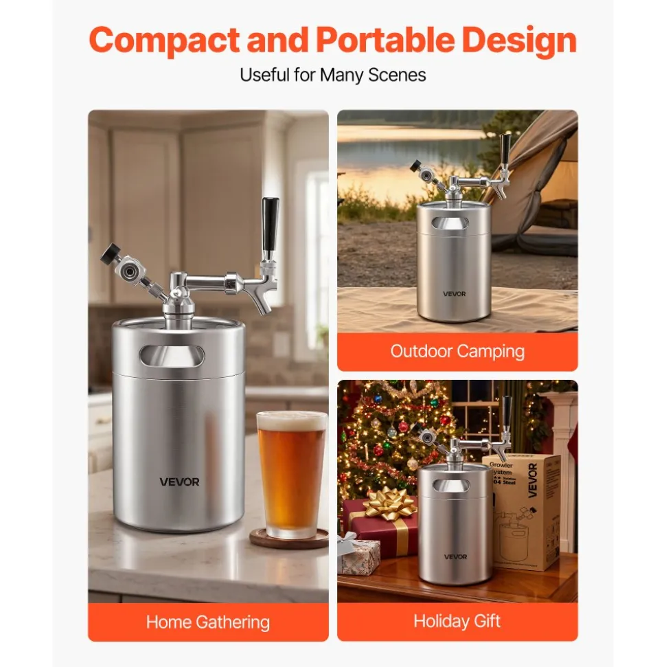 VEVOR 170oz Mini Keg, Pressurized Growler Tap System, 304 Stainless Steel Beer Kit, with Co2 Regulator, Self-Closing Faucet, Keeps Fresh and Carbonation for Homebrew, Craft and Draft Beer
