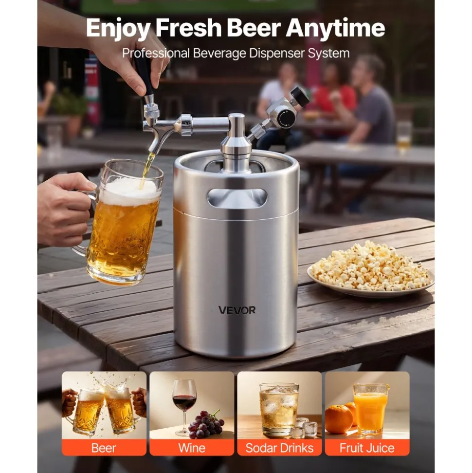VEVOR 170oz Mini Keg, Pressurized Growler Tap System, 304 Stainless Steel Beer Kit, with Co2 Regulator, Self-Closing Faucet, Keeps Fresh and Carbonation for Homebrew, Craft and Draft Beer