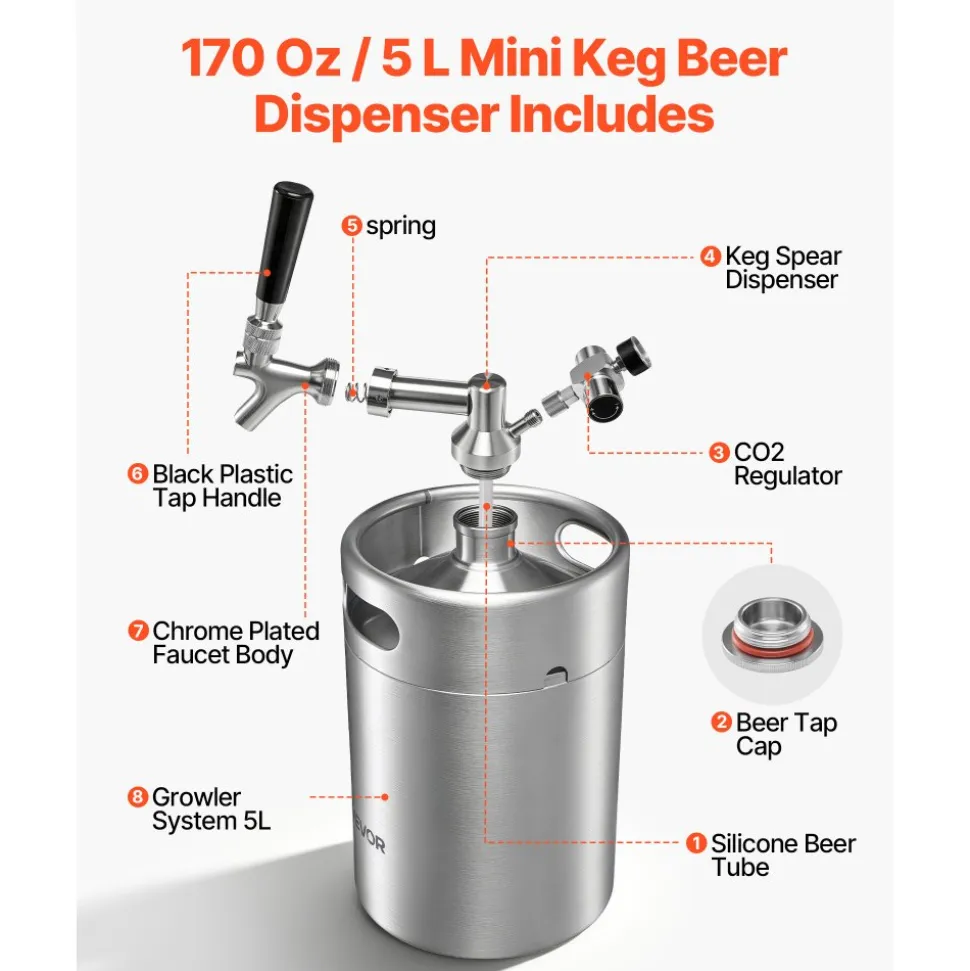 VEVOR 170oz Mini Keg, Pressurized Growler Tap System, 304 Stainless Steel Beer Kit, with Co2 Regulator, Self-Closing Faucet, Keeps Fresh and Carbonation for Homebrew, Craft and Draft Beer