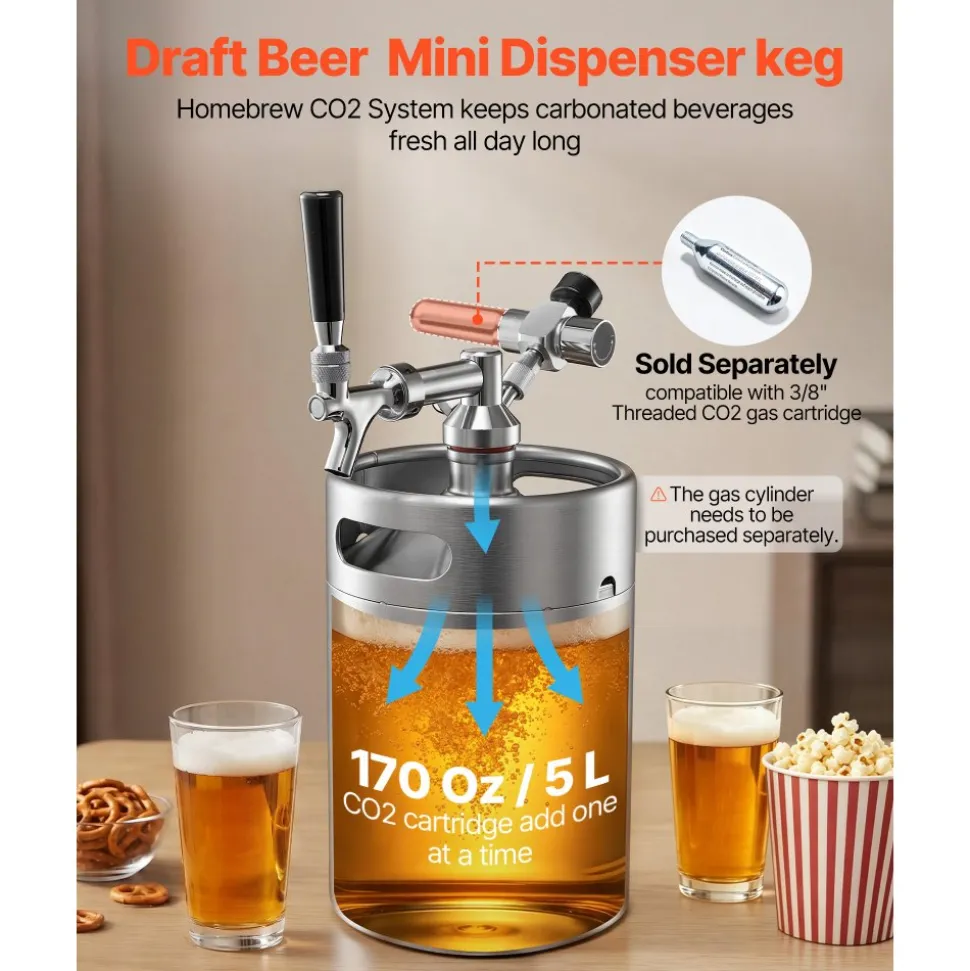 VEVOR 170oz Mini Keg, Pressurized Growler Tap System, 304 Stainless Steel Beer Kit, with Co2 Regulator, Self-Closing Faucet, Keeps Fresh and Carbonation for Homebrew, Craft and Draft Beer
