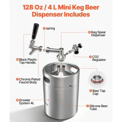 VEVOR 128oz Mini Keg, Pressurized Growler Tap System, 304 Stainless Steel Beer Kit, with Co2 Regulator, Self-Closing Faucet, Keeps Fresh and Carbonation for Homebrew, Craft and Draft Beer