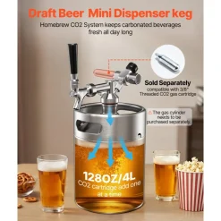 VEVOR 128oz Mini Keg, Pressurized Growler Tap System, 304 Stainless Steel Beer Kit, with Co2 Regulator, Self-Closing Faucet, Keeps Fresh and Carbonation for Homebrew, Craft and Draft Beer