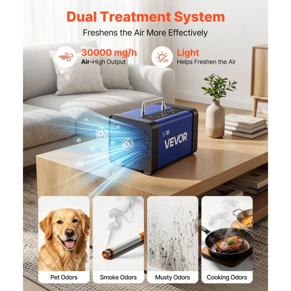 VEVOR Ozone Generator, 30000mg/h Commercial Ozone Machine, with 15s Delayed Start & Dual-Hose Water Mode & LCD Touchscreen, Industrial Deodorizer for Car, Smoke, Home Odors, Up to 2700 sq.ft
