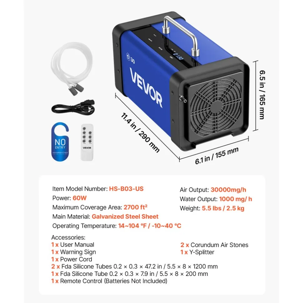 VEVOR Ozone Generator, 30000mg/h Commercial Ozone Machine, with 15s Delayed Start & Dual-Hose Water Mode & LCD Touchscreen, Industrial Deodorizer for Car, Smoke, Home Odors, Up to 2700 sq.ft