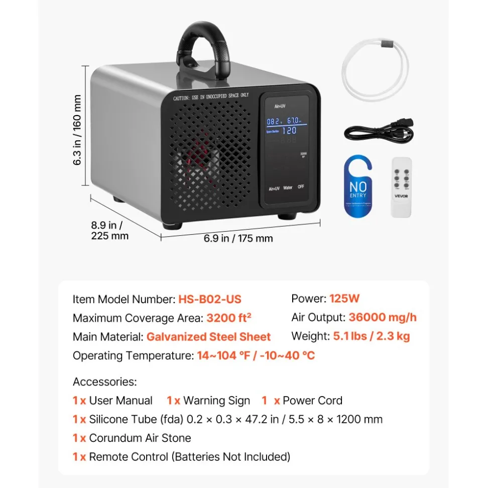 VEVOR Ozone Generator, 36000mg/h Commercial Ozone Machine, 15s Delayed Start & Timer & Rotary Encoder Knob & Odor-Treatment Cycle Mode, Industrial Deodorizer for Car, Smoke Odorss,Up to 3200 sq.ft